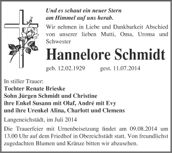 Traueranzeige von Hannelore Schmidt von WVG - Wochenspiegel Merseburg