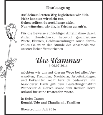 Traueranzeige von Ilse Hammer von Super Sonntag Bernburg