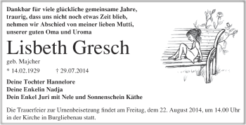 Traueranzeige von Lisbeth Gresch von WVG - Wochenspiegel Merseburg