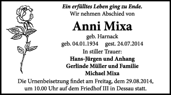 Traueranzeige von Anni Mixa von Super Sonntag Dessau / Köthen