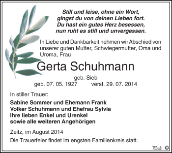 Traueranzeige von Gerta Schuhmann von Super Sonntag Zeitz