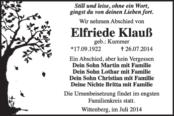 Traueranzeige von Elfriede Klauß von WVG - Wochenspiegel Wittenberg
