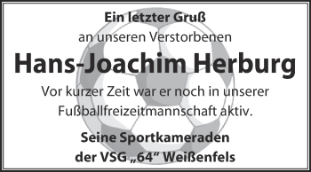Traueranzeige von Hans-Joachim Herburg von WVG - Wochenspiegel NMB / WSF / ZTZ