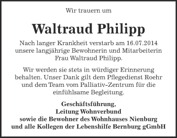 Traueranzeige von Waltraud Philipp von Super Sonntag Bernburg