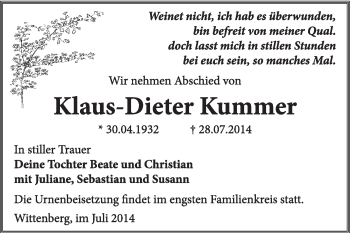 Traueranzeige von Klaus-Dieter Kummer von WVG - Wochenspiegel Wittenberg