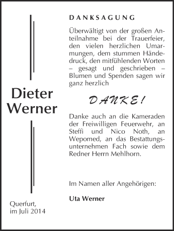 Traueranzeige von Dieter Werner von WVG - Wochenspiegel Merseburg
