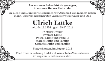 Traueranzeige von Ulrich Lütke von Super Sonntag SGH Mansf. Land