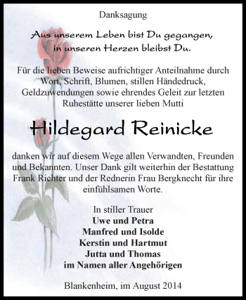 Traueranzeige von Hildegard Reinicke von Super Sonntag SGH Mansf. Land