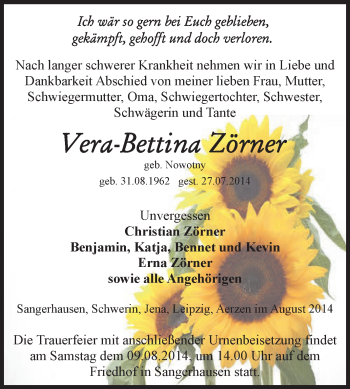 Traueranzeige von Vera-Bettina Zörner von Super Sonntag SGH Mansf. Land