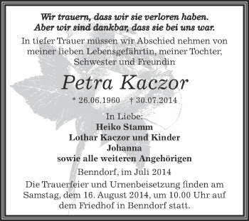 Traueranzeige von Petra Kaczor von Wochenspiegel Mansfelder Land