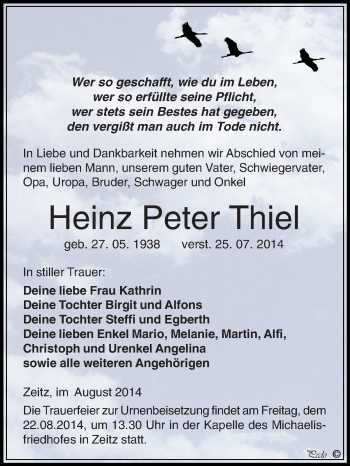 Traueranzeige von Heinz Peter Thiel von Super Sonntag Zeitz