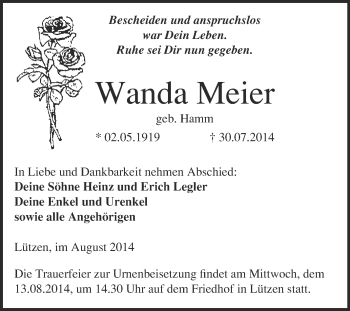 Traueranzeige von Wanda Meier von WVG - Wochenspiegel Merseburg