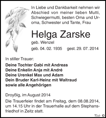 Traueranzeige von Helga Zarske von Super Sonntag Zeitz