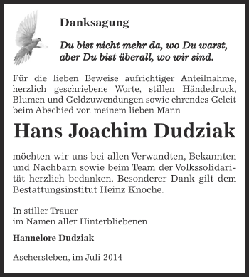 Traueranzeige von Hans Joachim Dudziak von Super Sonntag Aschersleben