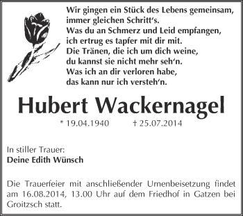 Traueranzeige von Hubert Wackernagel von WVG - Wochenspiegel NMB / WSF / ZTZ
