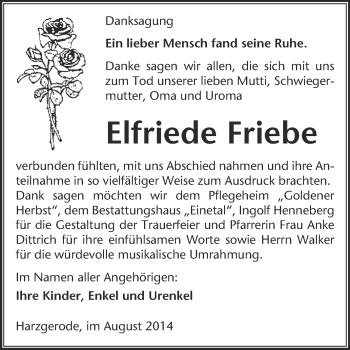 Traueranzeige von Elfriede Friebe von Super Sonntag Quedlinburg