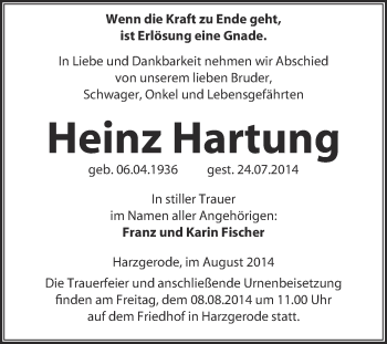 Traueranzeige von Heinz Hartung von Super Sonntag Quedlinburg