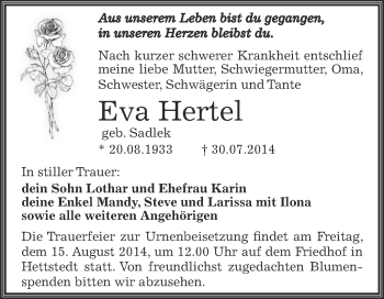 Traueranzeige von Eva Hertel von Wochenspiegel Mansfelder Land
