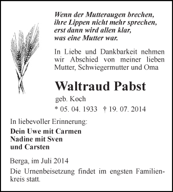 Traueranzeige von Waltraud Pabst von Super Sonntag SGH Mansf. Land