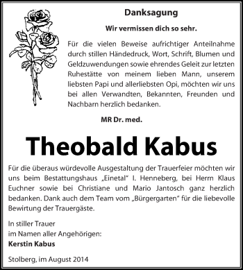 Traueranzeige von Theobald Kabus von Super Sonntag Quedlinburg