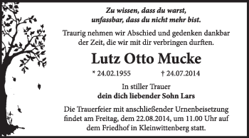Traueranzeige von Lutz Otto Mucke von Super Sonntag Wittenberg