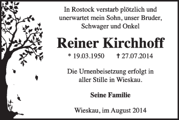Traueranzeige von Reiner Kirchhoff von Super Sonntag Dessau / Köthen