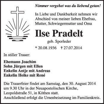 Traueranzeige von Ilse Pradelt von Super Sonntag Dessau / Köthen