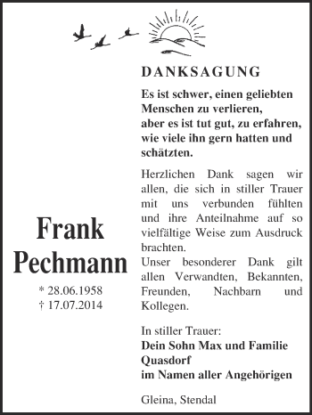 Traueranzeige von Frank Pechmann von WVG - Wochenspiegel NMB / WSF / ZTZ