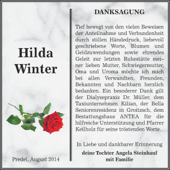 Traueranzeige von Hilda Winter von Super Sonntag Zeitz
