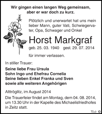 Traueranzeige von Hrost Markgraf von Super Sonntag Zeitz
