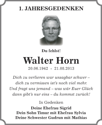 Traueranzeige von Walter Horn von WVG - Wochenspiegel Dessau / Köthen