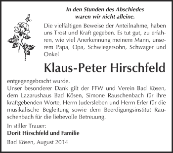 Traueranzeige von Klaus-Peter Hirschfeld von WVG - Wochenspiegel NMB / WSF / ZTZ