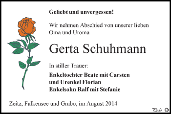 Traueranzeige von Gerta Schuhmann von Super Sonntag Zeitz