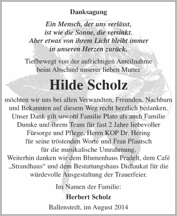 Traueranzeige von Hilde Scholz von WVG - Wochenspiegel Quedlinburg