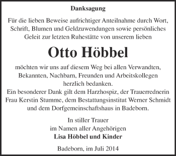 Traueranzeige von Otto Höbbel von WVG - Wochenspiegel Quedlinburg