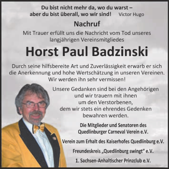 Traueranzeige von Horst Badzinski von Super Sonntag Quedlinburg