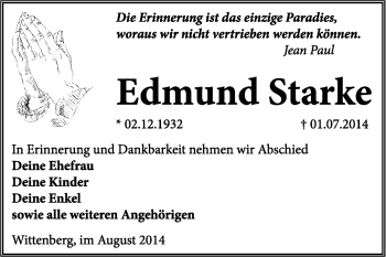 Traueranzeige von Edmund Starke von Super Sonntag Wittenberg