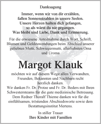 Traueranzeige von Margot Klauk von WVG - Wochenspiegel NMB / WSF / ZTZ