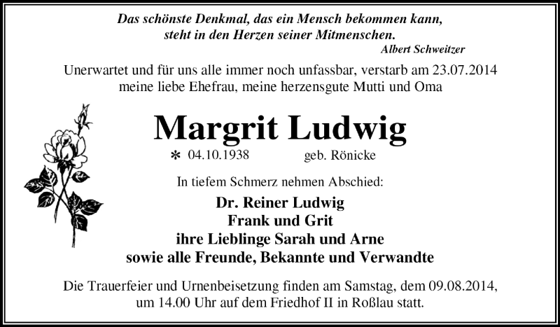  Traueranzeige für Margrit Ludwig vom 03.08.2014 aus Super Sonntag Dessau / Köthen