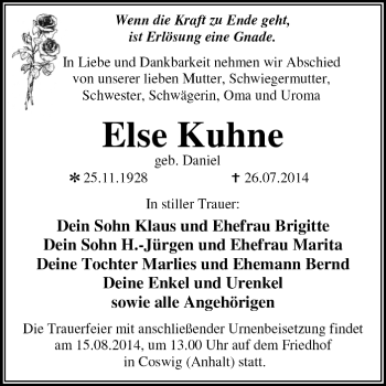 Traueranzeige von Else Kuhne von Super Sonntag Dessau / Köthen