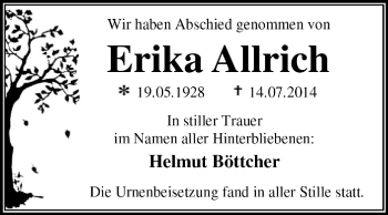 Traueranzeige von Erika Allrich von Super Sonntag Dessau / Köthen