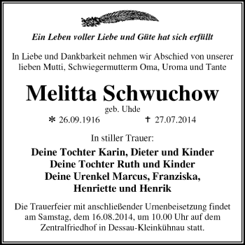 Traueranzeige von Melitta Schwuchow von Super Sonntag Dessau / Köthen