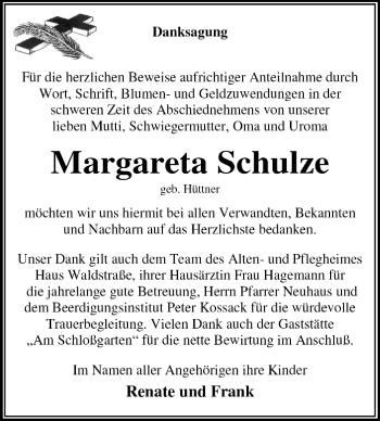 Traueranzeige von Margareta Schulze von Super Sonntag Dessau / Köthen