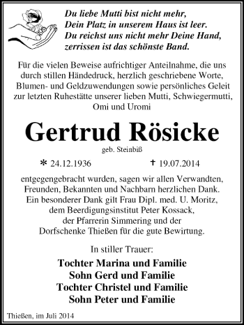 Traueranzeige von Gertrud Rösicke von Super Sonntag Dessau / Köthen
