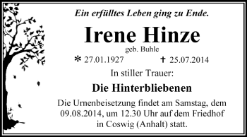 Traueranzeige von Irene Hinze von Super Sonntag Dessau / Köthen