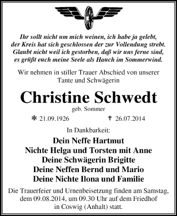 Traueranzeige von Christine Schwedt von Super Sonntag Dessau / Köthen