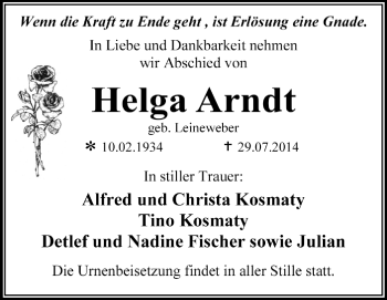 Traueranzeige von Helga Arndt von Super Sonntag Dessau / Köthen