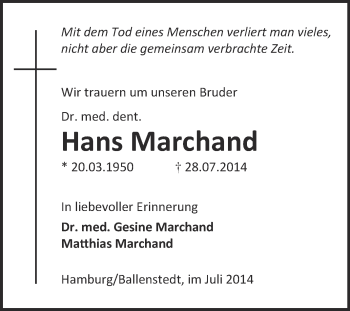 Traueranzeige von Hans Marchand von Super Sonntag Quedlinburg