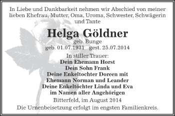 Traueranzeige von Helga Göldner von WVG - Wochenspiegel Bitterfeld