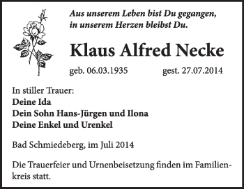 Traueranzeige von Klaus Alfred Necke von WVG - Wochenspiegel Wittenberg